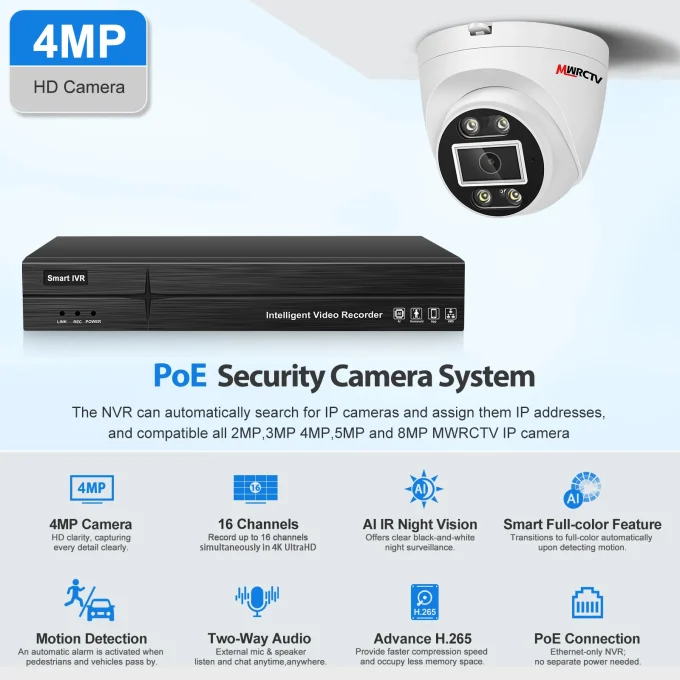 4K Security Camera System,8pcs Wired 4MP PoE Camera(NO HDD) - Image 2